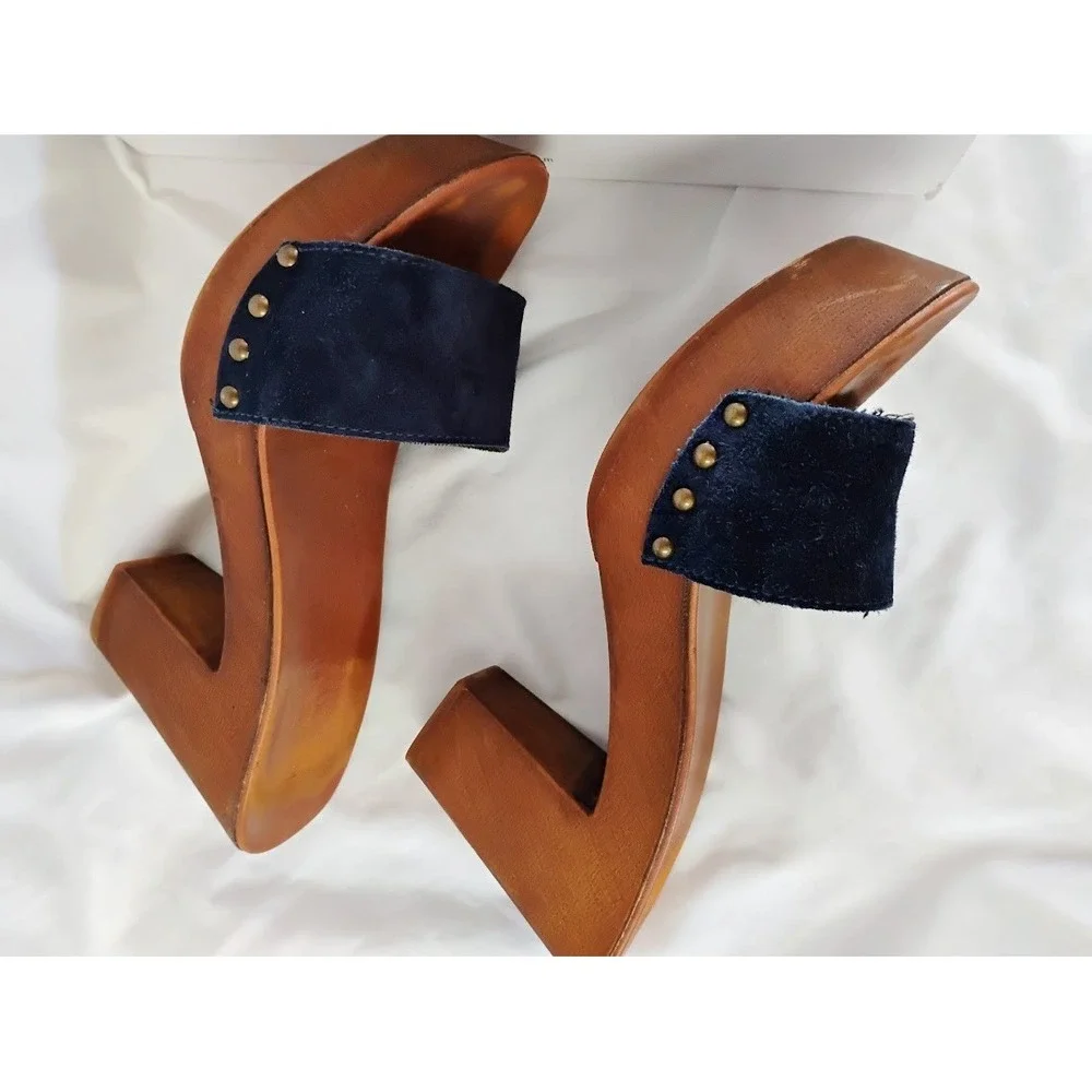 Women's Nine West Blue Suede Platform Mule Slide Sandals Size 8 Boho